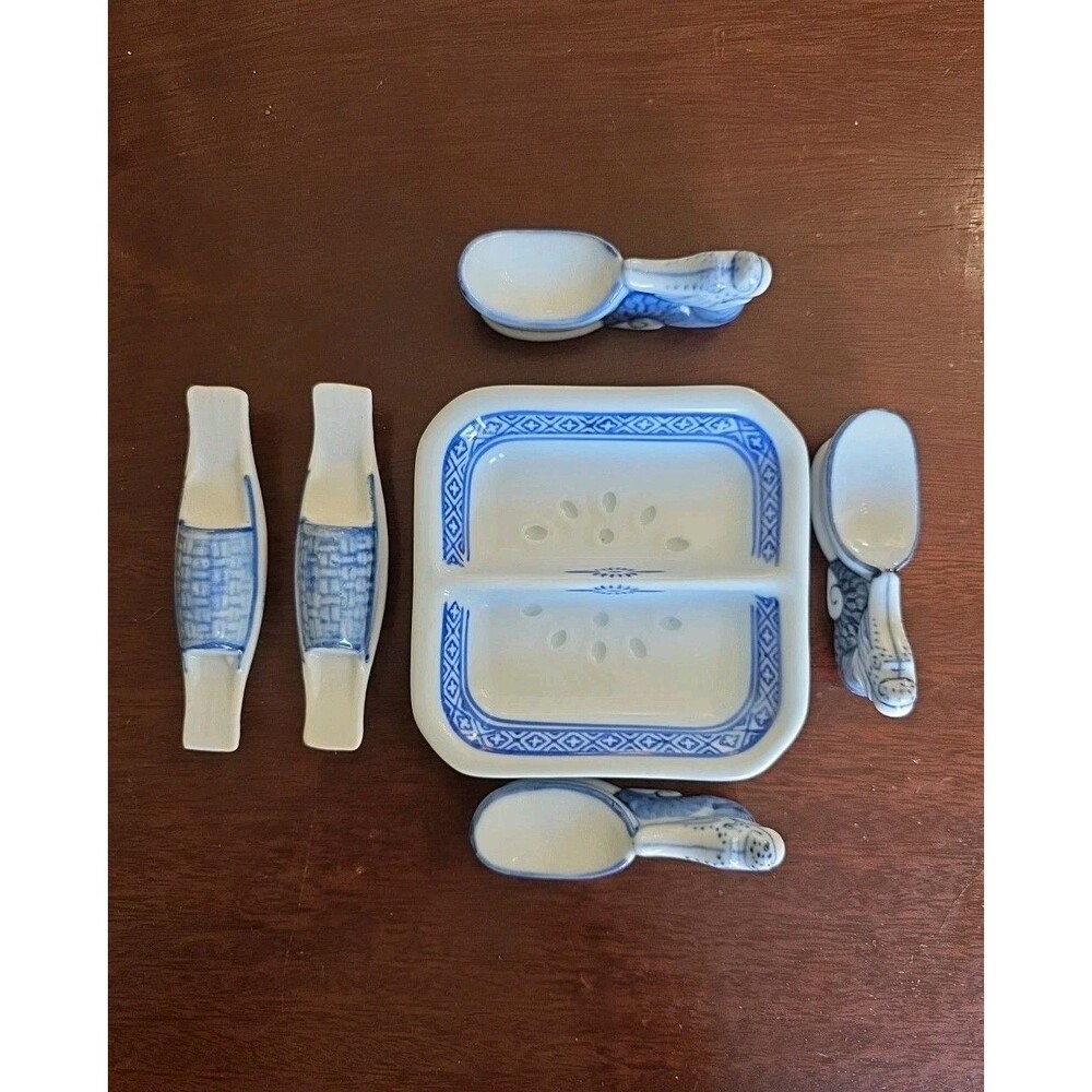 Vintage Blue and White Porcelain Dragon Sampan Chopstick Rests And Dipping Dish